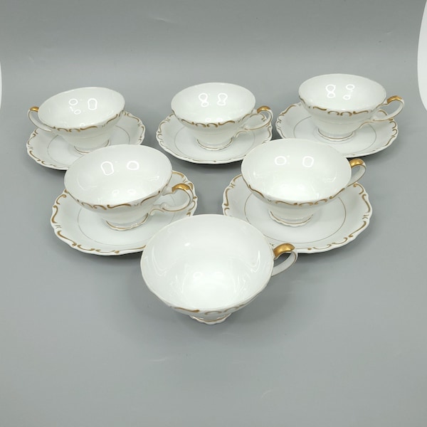 Vintage Ucagco Heirloom Tea Cup and Saucer 6 Cups 5 Saucer Made Japan White Gold