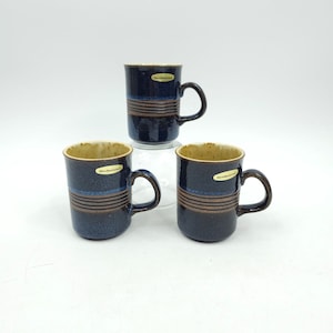 Otagiri Mugs Lot of 3 Blue Brown 9 oz Handpainted Hand Crafted Stoneware Striped Coffee Mug Tea Cups Made in Japan