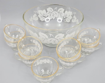 Vintage Small Punch Bowl Set with Cups Clear White Leaves Vine Gold Trim 10 pc Party Supplies Barware MCM