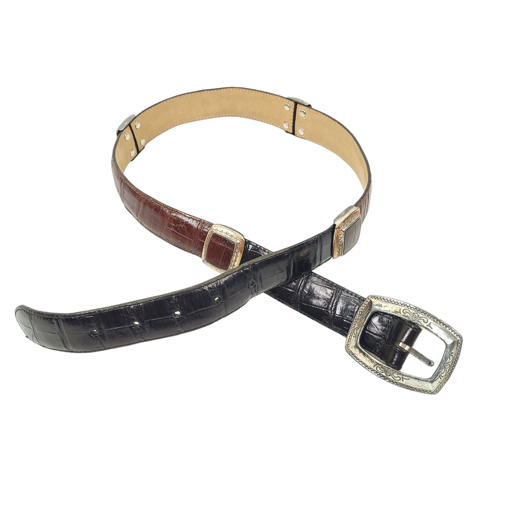 Brighton Leather Belt Black Brown Vintage Size M Silver Gold 