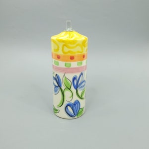 Vicki Carroll Pottery Ceramic Oil Lamp Vintage Yellow Blue White Floral Pattern Home Decor Collector