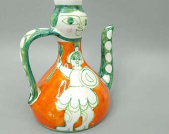 DeSimone Italian Pottery Jug Vase Pitcher Vessel Warrior 8.75" Abstract Giovanni Bottle Hand Painted Green Orange White