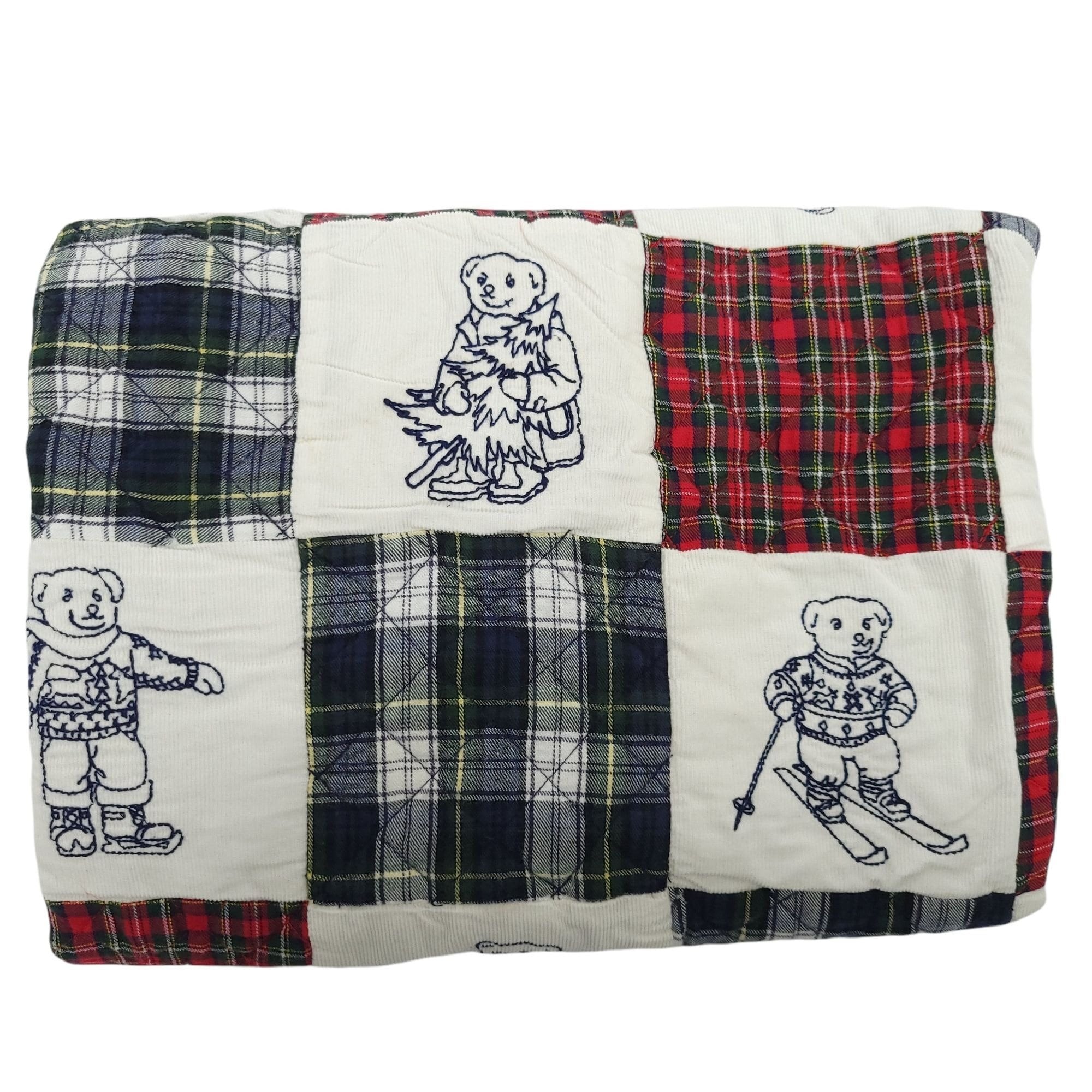 Vintage Ralph Lauren Polo Bear Baby Quilt Crib Blanket Tartan