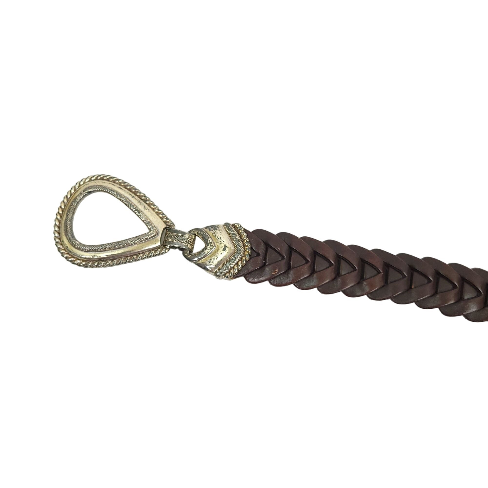 VINTAGE R.O.C BROWN BRAIDED LEATHER BELT WITH DARK SILVER BUCKLE AND ACCENTS Braided Brown Leather Belt Vintage R.O.C. Womens Sz S  main image 2