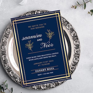 Blue Gold Elegant Wedding Invitation | DIY 5x7 Editable Canva Template | Modern Classic Invitation Design