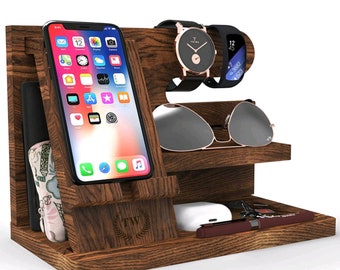 Custom Laser Engraved Wood Docking Station Phone Keys Wallet Holder Nightstand Organizer Father Gift For Him Dad Grandpa Husband