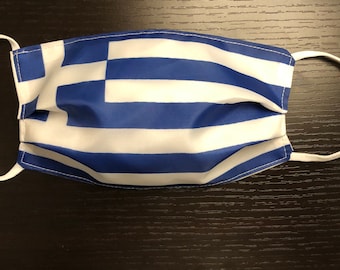 Greek Flag Face Mask, Washable Cotton Cloth, Adjustable Straps - 2 Pack