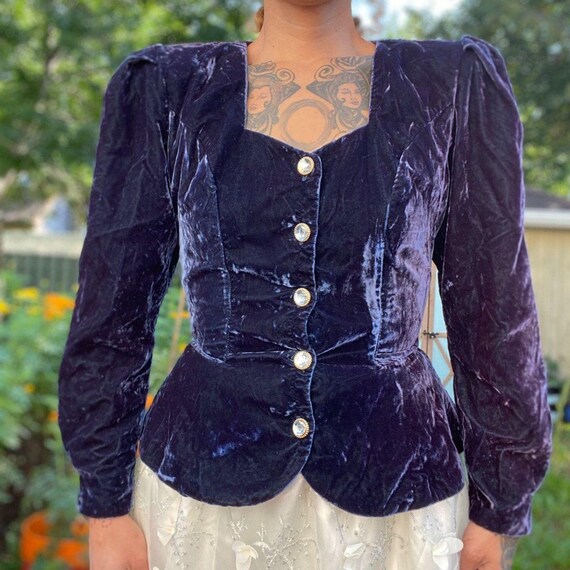 dark blue purple velour Button up blouse w puffed