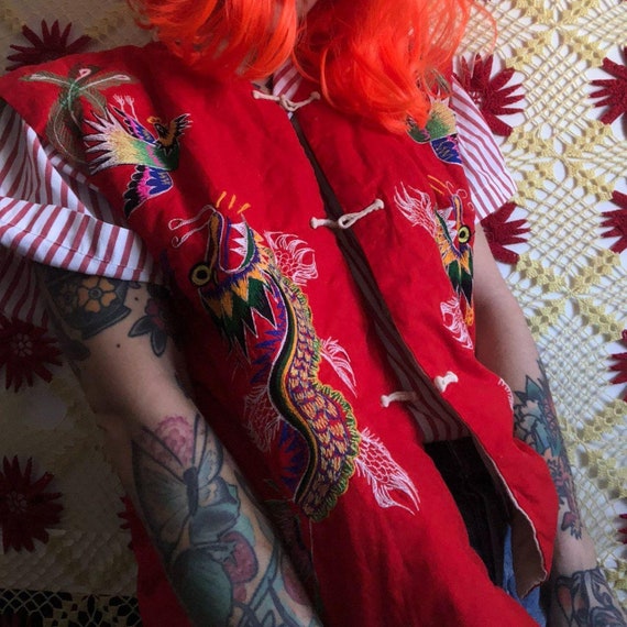 Vintage red vest Oriental/Asian style embroidered