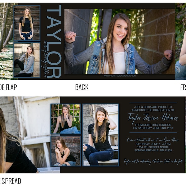 Taylor: Black and Blue 5x7 Trifold High School Senior Graduation Card Template for Photoshop