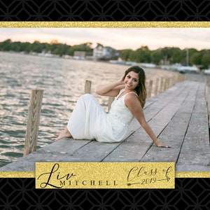 Liv: Glittery Gold and Black 5x7 High School Senior Graduation Flat Card Template for Photoshop