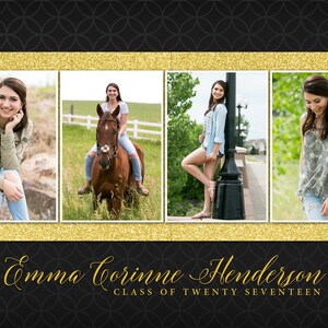 Emma: Black and Gold Glitter 5x7 High School Senior Graduation Card Template for Photoshop