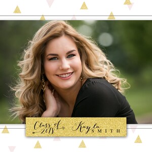 Kayla: Glittery Gold and Pink Triangles 5x7 High School Senior Graduation Card Template for Photoshop