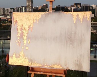 Gris blanco y resina de hoja de oro rosa recubierto moderno característica abstracta pared mezclada de medios acrílicos