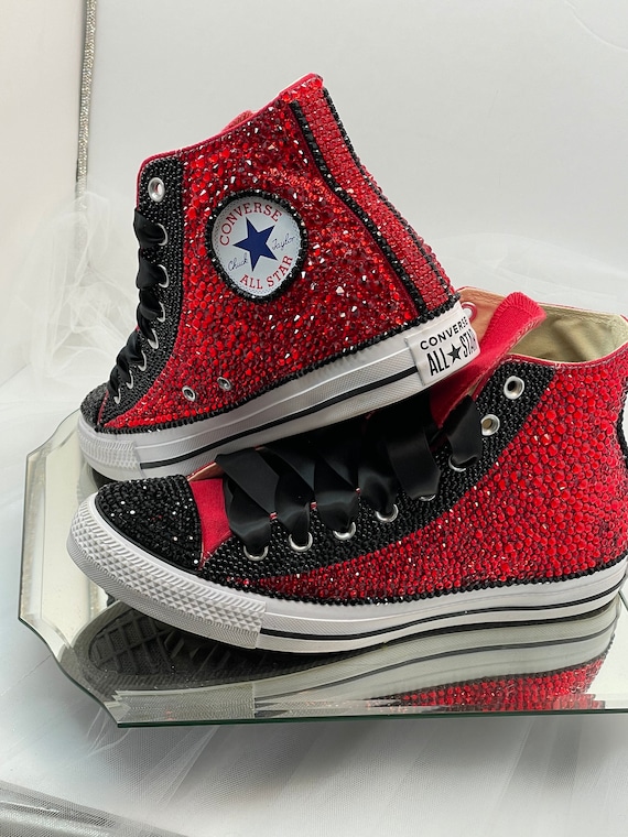 Reddish and Black Blinged High Top Converse w Black and Red Close Chain