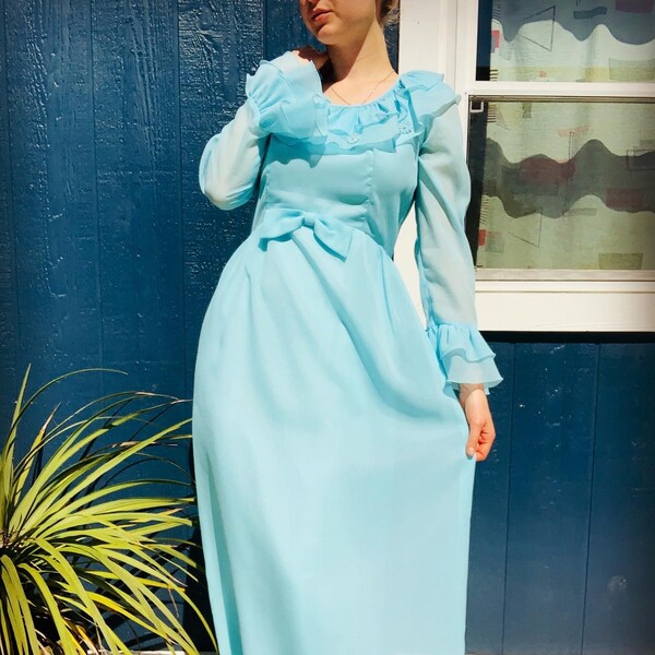 70’s Formal Baby Blue Prom with Sheer Cape Dress
