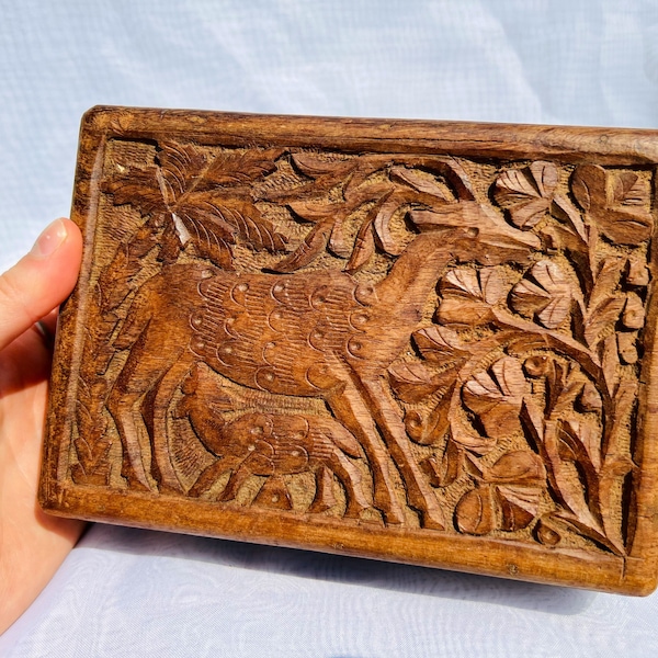 Vintage 1960’s/70’s Carved Teakwood Deer Nature Landscape Jewelry Box/Trinket Box. Jewelry Box. Trinket Box. Cigar Box. Gifts. Teakwood. 70s