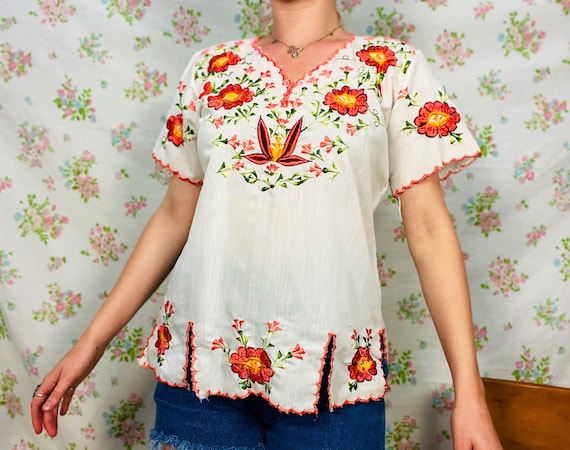 Vintage 1960’s/70’s White Cotton Floral Embroider… - image 1