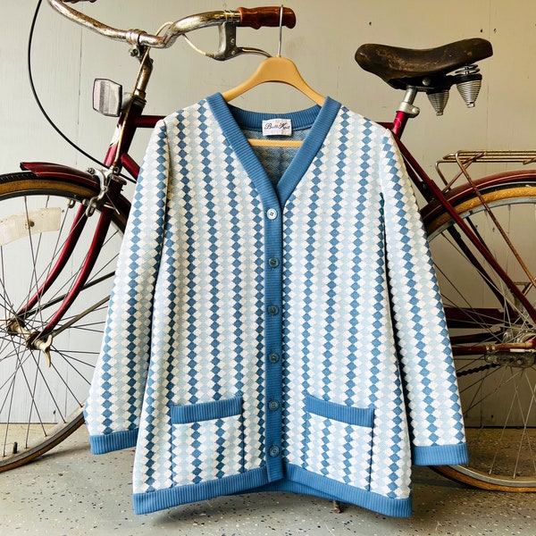Vintage 1970’s Butte-Knit Blue Diamond Textile Polyester Button-Down Jacket. Vintage Jackets. 70s. Coats. House Coat. Mod. 60s.