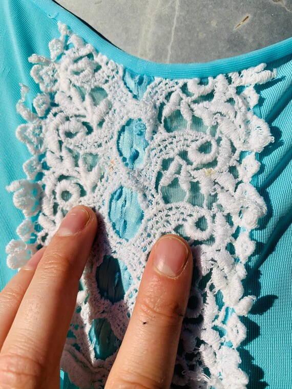 Vintage 1960’s/70’s Aqua Blue White Lace Full Len… - image 8