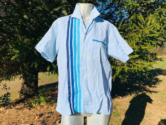 Vintage 1950s/60s Blue Striped Van Heusen Brand Button-down Collared Shirt.  Vintage Shirt. Tops. Blouse. Summer. 50s. 60s. Costume. 70s 