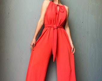 Vintage 1970’s Coral Full Length Belt Bottom Jumpsuit. Vintage Jumpsuit. Disco. 70s Jumpsuit.