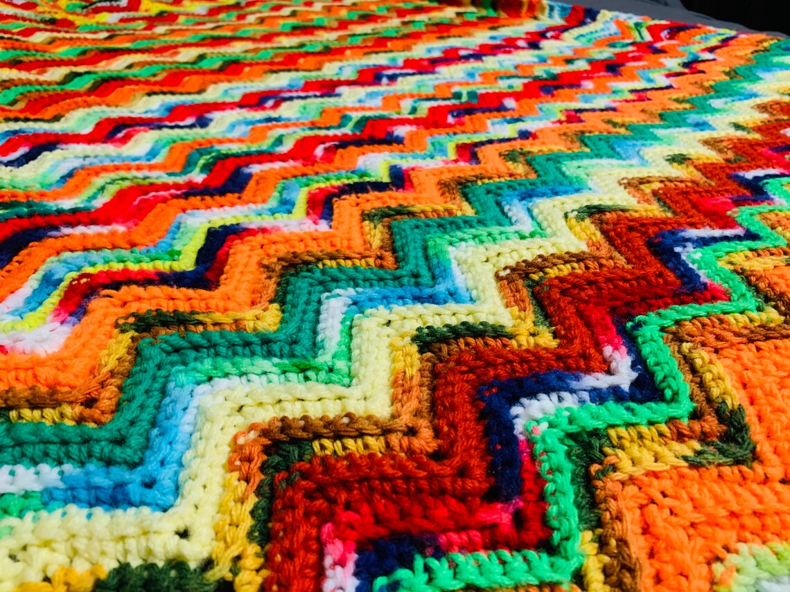 Vintage 1970s MultiColored Knitted Afghan Blanket. Vintage Etsy