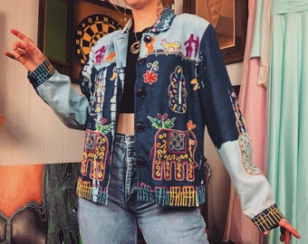 Vintage  Jean Jacket Medium Leopard Print Leather look Trim 100% Cotton Pockets Grunge Hippie Boho Bohemian