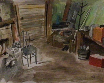 Fisherman’s Cabin, Watercolor original painting on 8.5 x 11 inch paper, 2023, by artist Wendy Stewart 10% off