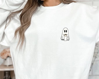 Cute Ghost with Coffee Comfy Sweatshirt | Women's Spooky Fall Shirt