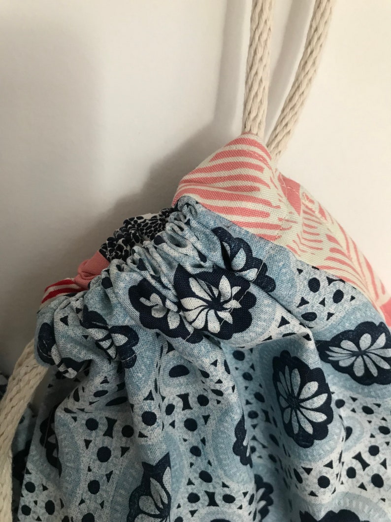 original Drawstring vegan storage bag navy blue and red patchwork pouch set of 3 textile fun practical gift all year unique,handmade