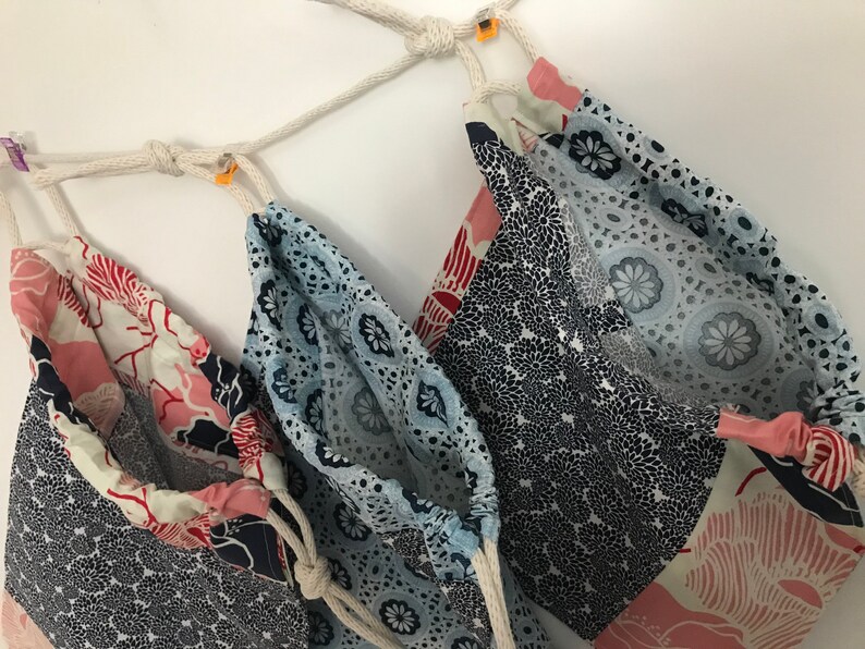 original Drawstring vegan storage bag navy blue and red patchwork pouch set of 3 textile fun practical gift all year unique,handmade