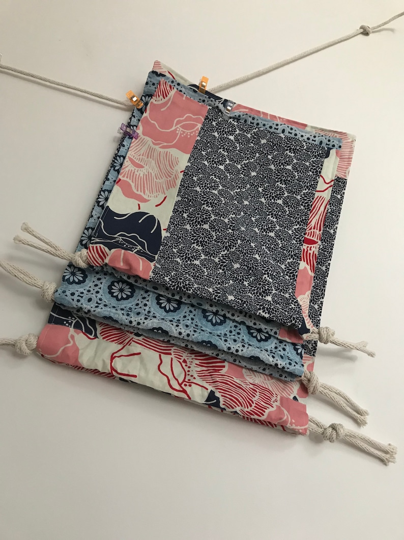 original Drawstring vegan storage bag navy blue and red patchwork pouch set of 3 textile fun practical gift all year unique,handmade