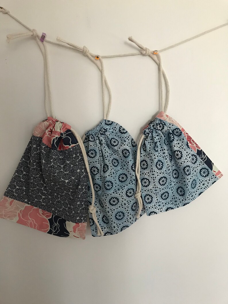 original Drawstring vegan storage bag navy blue and red patchwork pouch set of 3 textile fun practical gift all year unique,handmade