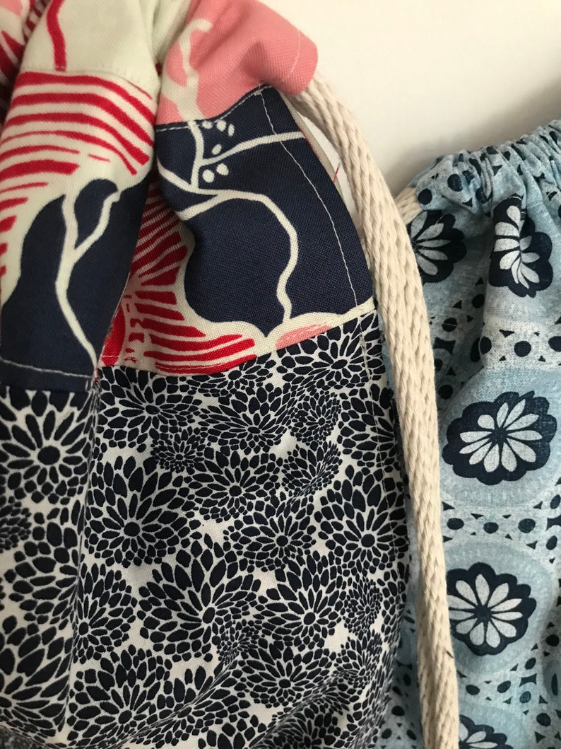 original Drawstring vegan storage bag navy blue and red patchwork pouch set of 3 textile fun practical gift all year unique,handmade