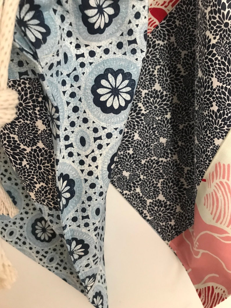 original Drawstring vegan storage bag navy blue and red patchwork pouch set of 3 textile fun practical gift all year unique,handmade