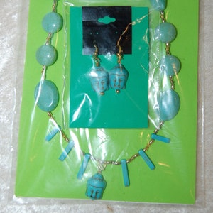 Handmade Beaded Women's Necklace Earring Set With Buddha Head in Simulated Turquoise
