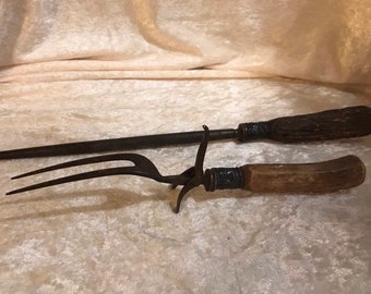 Vintage Real Stag Deer Horn Knife Sharpening File & Carving Fork Pair