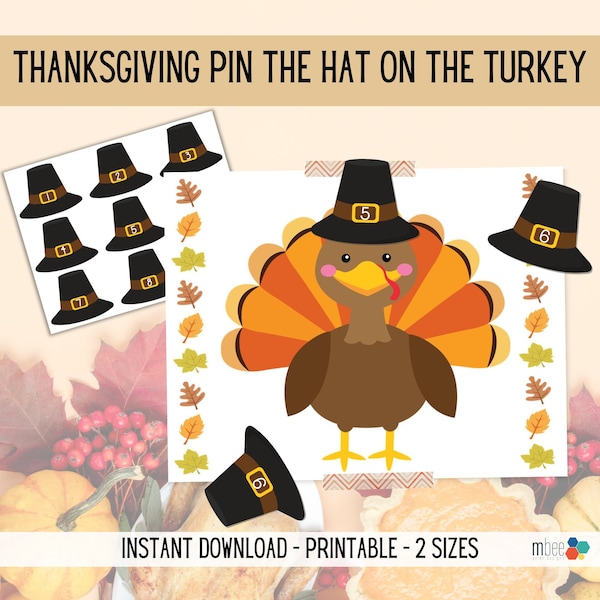 Thanksgiving Pin The Hat On The Turkey Printable Game, Friendsgiving, Activities for Kids, Autumn Printable, Instant Digital Download