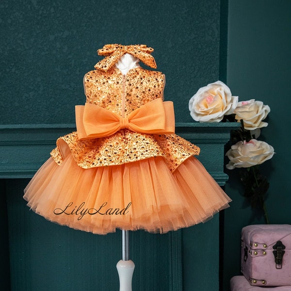 1st Prom Ball Gown Dress, Tutu Toddler Dress, Orange Flower Girl Dress, Sequined Birthday Party Dress, Special Occasion Baby Girl Dress