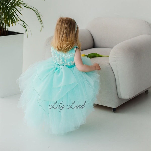Turquoise Floral Birthday Party Dress, Handmade Puffy Tulle Lace Baby Dress, Wedding Baby Outfit, Girl Long Trailing Princess Dress