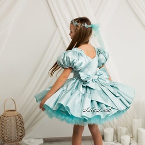 Blue Puffy Brocade Birthday Dress, Flower Girl Dress, Ruffles Toddler Dress, Tutu Prom Gown, Special Occasion Dress, 1st Baby Dress