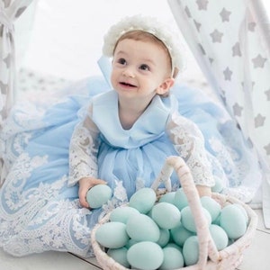 Blue tutu first birthday ivory lace dress baby girl birthday outfit pageant dress flower girl fill length dresses for girls birthday party