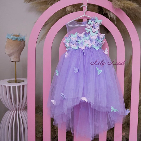 Butterfly Birthday Party Girl Dress, Lilac Baby Dress, Multicolored Butterfly, Tutu Tulle Flower Girl Dress, Special Occasion Toddler Dress