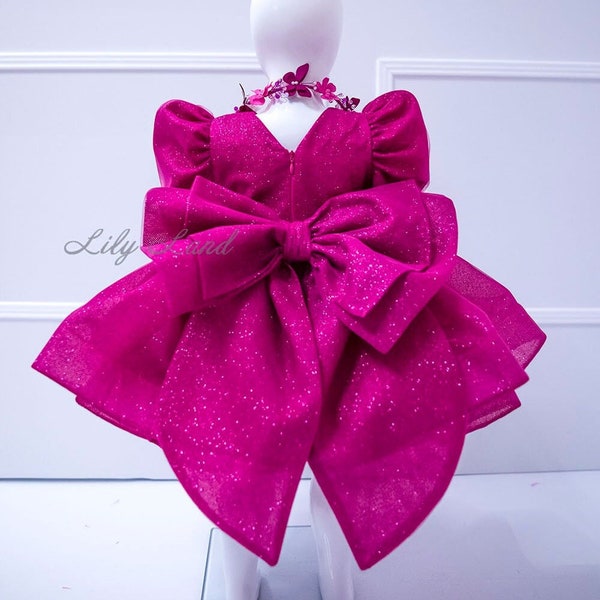 Fuchsia Birthday Girl Dress, Tutu Sparkling Prom Dress, Flower Girl Wedding Gown, Long Sleeve, Special Occasion Baby Dress