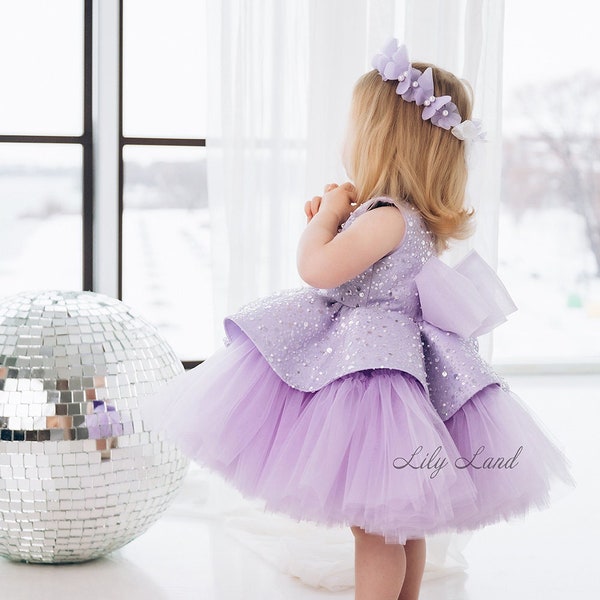 READY TO SHIP,  Lavander First Birthday Party Dress, Tutu Toddler Baby Girl Dress, Sparkling Flower Girl Dress, Prom Gown Special Occasion