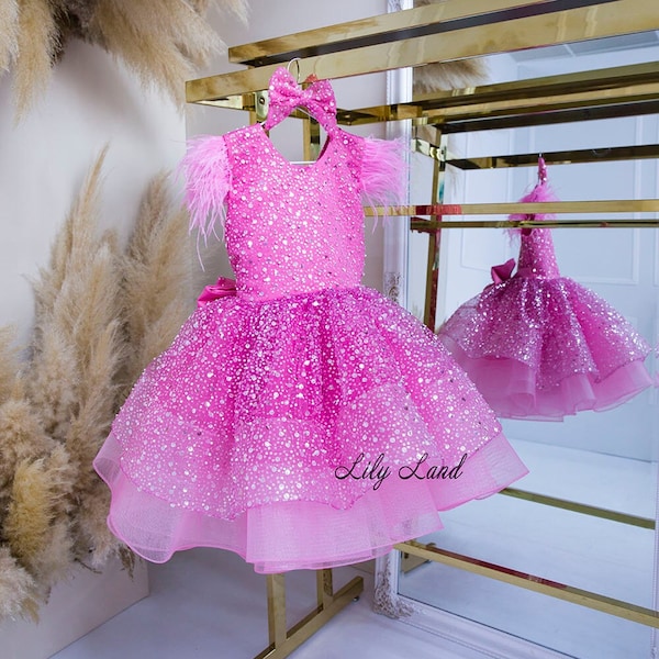 Hot Pink Flower Girl Dress, Tutu Sparkling Dress, Birthday Party Baby Dress, First Birthday Party Gift, Special Occasion Sequin Girl Dress
