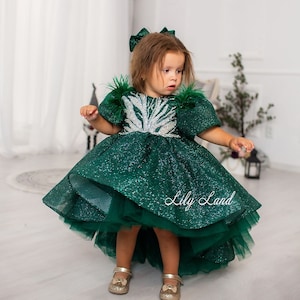 Pronto per la spedizione - taglia 2T - vestito natalizio scintillante verde smeraldo per neonati, abito tutù per concorsi, abito gonfio per occasioni speciali, abito da ballo
