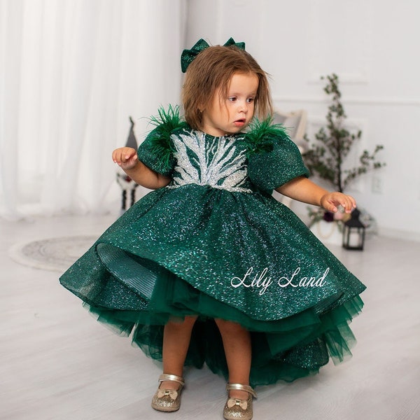 Green Sparkling Christmas baby dress, Pageant Tutu Toddler Special Occasion Asymmetrical Puffy Dress, Sleeve Feathers, Prom Ball Gown Dress