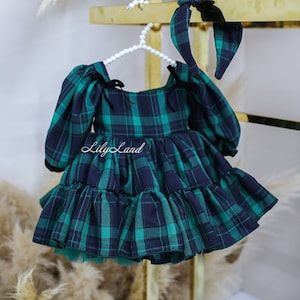 Green Photoshoot Christmas Dress, Plaid Christmas Baby Girl Gown, Flannel Girl Dress, Short Puff Sleeve, Tutu Toddler Xmas Outfit